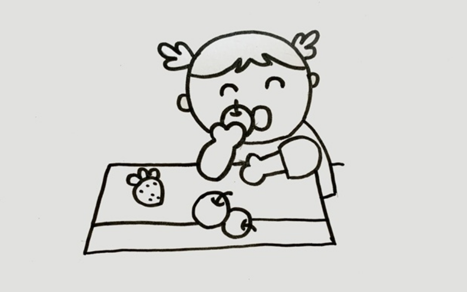 小女孩正在吃水果简笔画