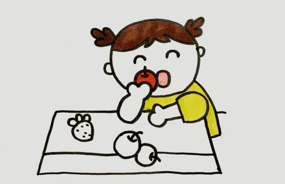 小女孩正在吃水果简笔画
