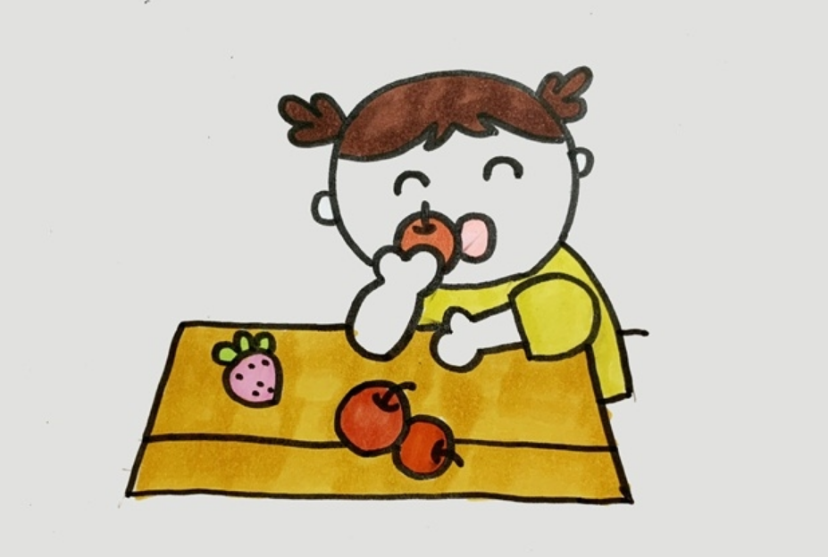 小女孩正在吃水果简笔画